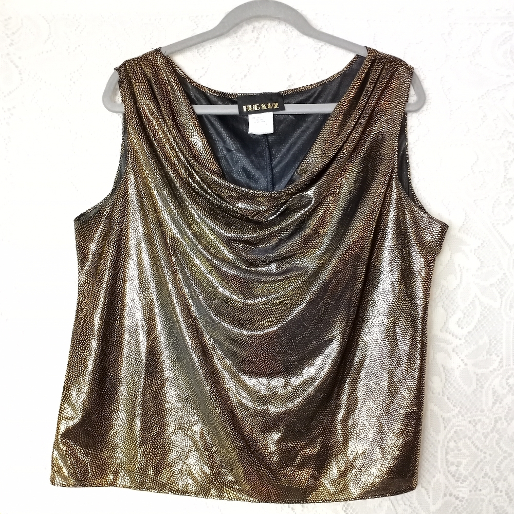Vintage 1970s Metallic Gold Dot Draped Neck Sleeveless Blouse Top OS